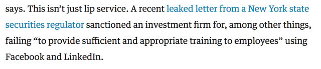 An investment firm fails a social media compliance audit for failing to provide employee training.