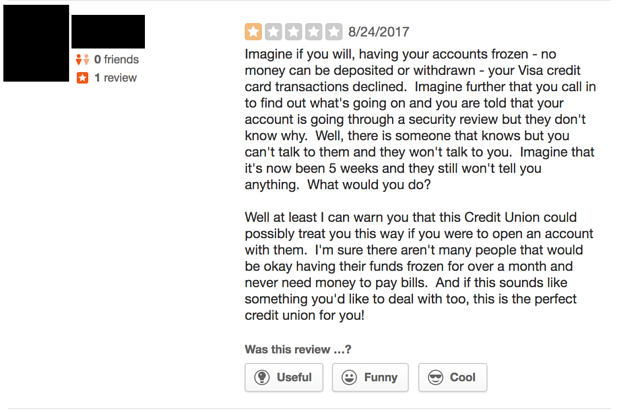 An example of a consumer complaint that would pose risk to a community bank or credit union even if they were not on social media