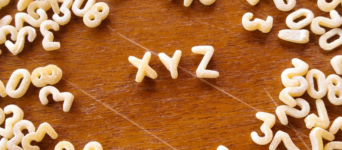 the letters X, Y, and Z made of pasta